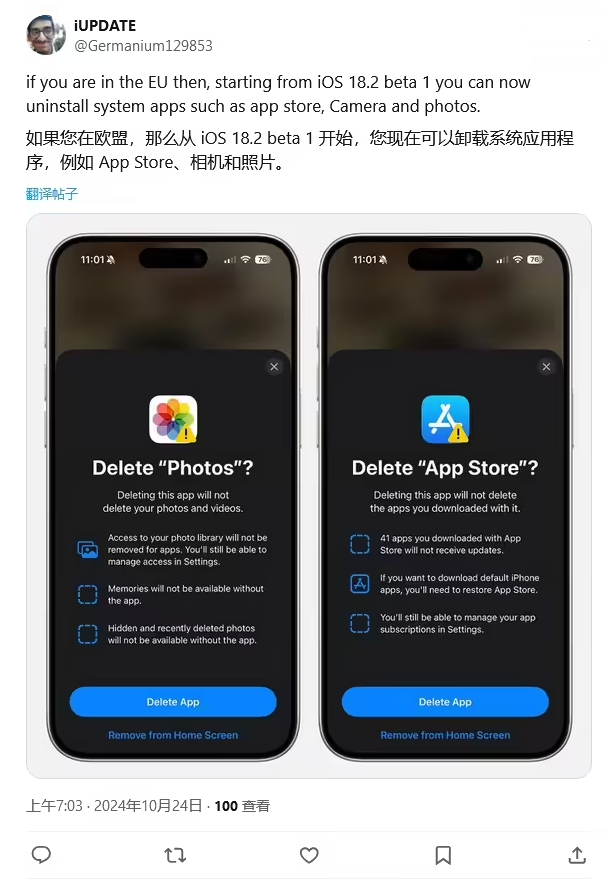 河北苹果手机维修分享iOS 18.2 支持删除 App Store 应用商店 